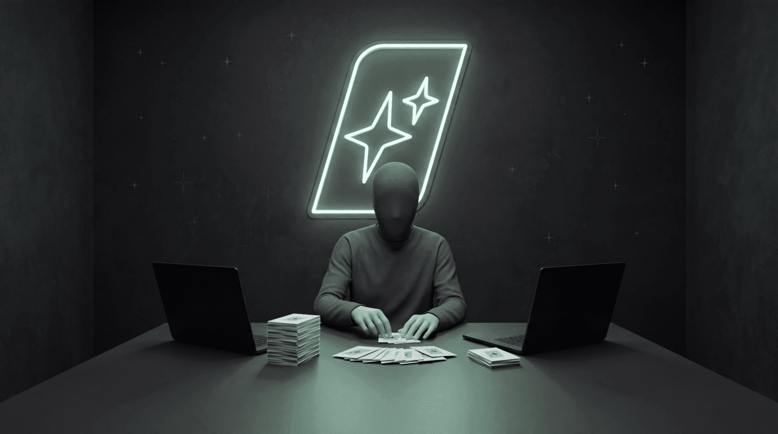 A faceless figure sorting 30 marketing task cards into piles between two open laptops, the Claude vs ChatGPT picks for marketing, under the First Movers mark